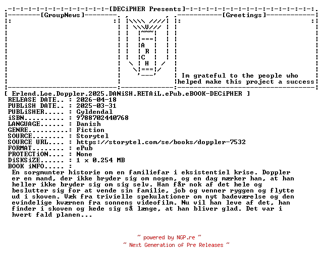 NFO for the release Erlend.Loe.Doppler.2025.DANiSH.RETAiL.ePub.eBOOK-DECiPHER by DECiPHER
