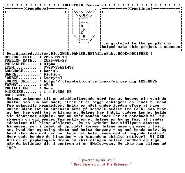NFO for the release Eva.Aagaard.Vi.Ser.Dig.2025.DANiSH.RETAiL.ePub.eBOOK-DECiPHER by DECiPHER