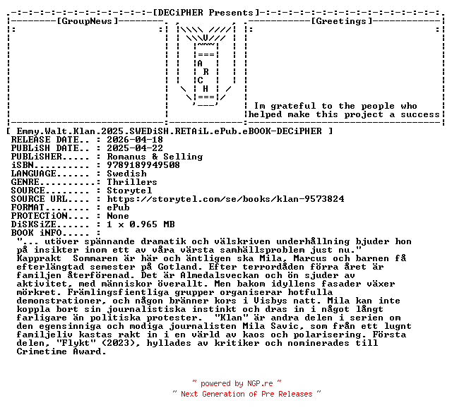 NFO for the release Emmy.Walt.Klan.2025.SWEDiSH.RETAiL.ePub.eBOOK-DECiPHER by DECiPHER