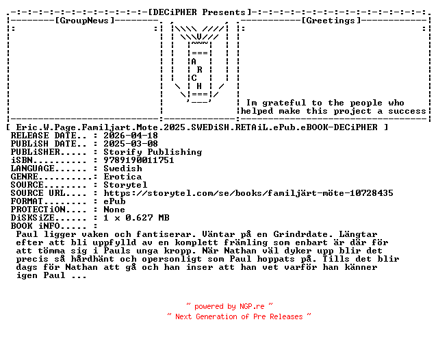 NFO for the release Eric.W.Page.Familjart.Mote.2025.SWEDiSH.RETAiL.ePub.eBOOK-DECiPHER by DECiPHER