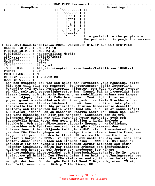 NFO for the release Erik.Axl.Sund.Krakflickan.2025.SWEDiSH.RETAiL.ePub.eBOOK-DECiPHER by DECiPHER