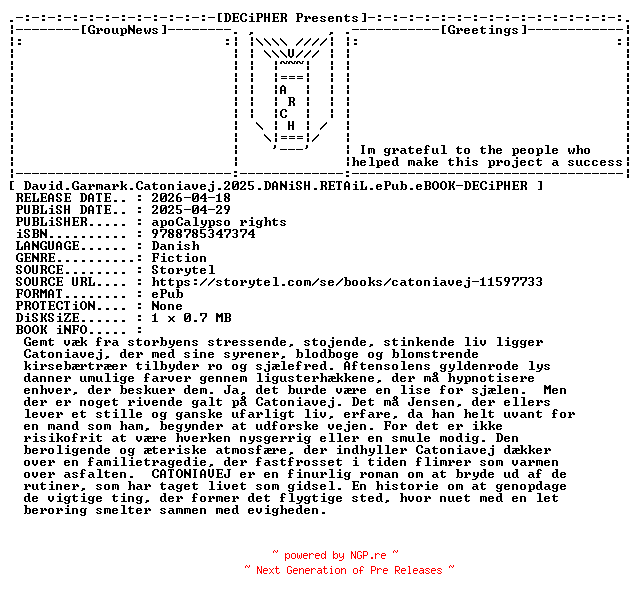 NFO for the release David.Garmark.Catoniavej.2025.DANiSH.RETAiL.ePub.eBOOK-DECiPHER by DECiPHER