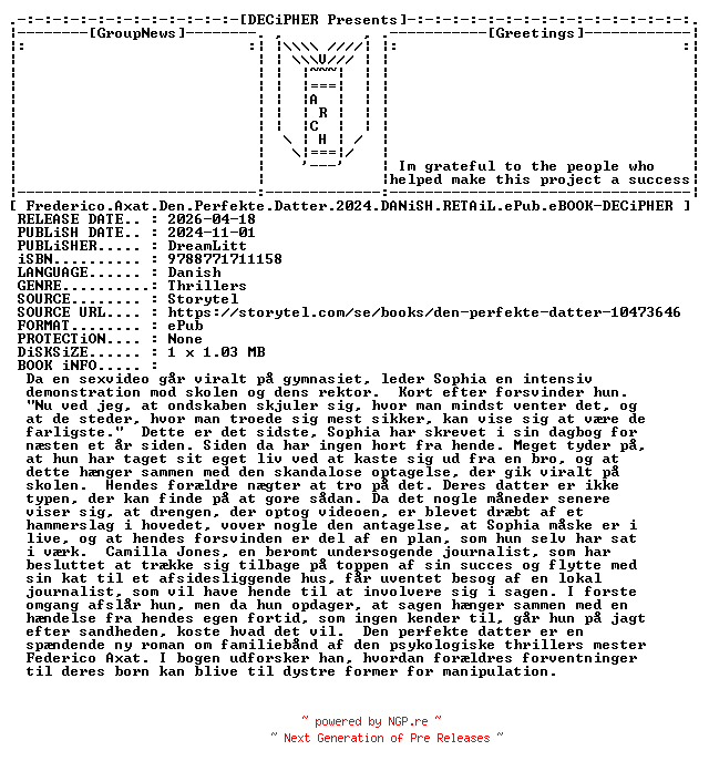 NFO for the release Frederico.Axat.Den.Perfekte.Datter.2024.DANiSH.RETAiL.ePub.eBOOK-DECiPHER by DECiPHER