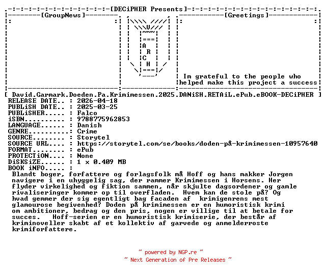 NFO for the release David.Garmark.Doeden.Pa.Krimimessen.2025.DANiSH.RETAiL.ePub.eBOOK-DECiPHER by DECiPHER
