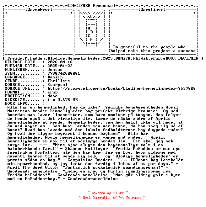 NFO for the release Freida.McFadden.Blodige.Hemmeligheder.2025.DANiSH.RETAiL.ePub.eBOOK-DECiPHER by DECiPHER