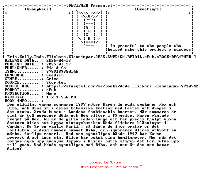 NFO for the release Erin.Kelly.Doda.Flickors.Klanningar.2025.SWEDiSH.RETAiL.ePub.eBOOK-DECiPHER by DECiPHER