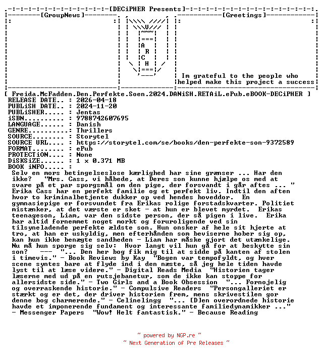 NFO for the release Freida.McFadden.Den.Perfekte.Soen.2024.DANiSH.RETAiL.ePub.eBOOK-DECiPHER by DECiPHER