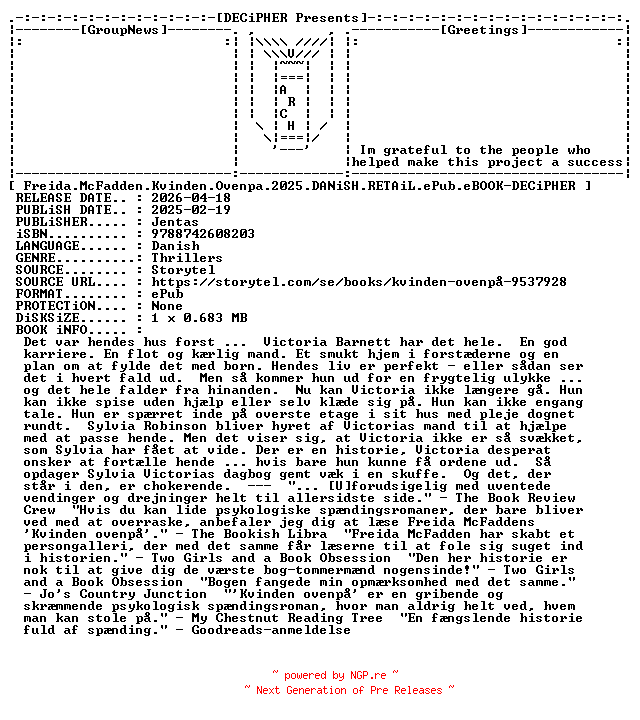 NFO for the release Freida.McFadden.Kvinden.Ovenpa.2025.DANiSH.RETAiL.ePub.eBOOK-DECiPHER by DECiPHER