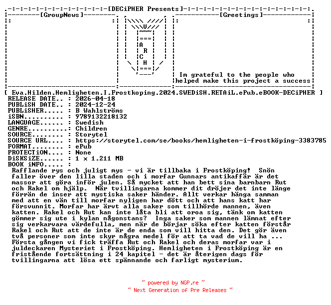 NFO for the release Eva.Hilden.Hemligheten.I.Frostkoping.2024.SWEDiSH.RETAiL.ePub.eBOOK-DECiPHER by DECiPHER