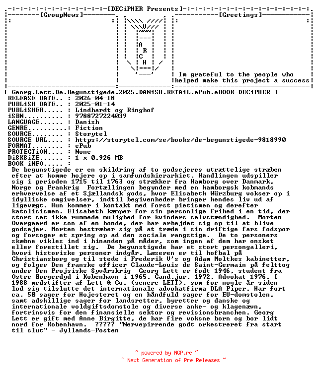 NFO for the release Georg.Lett.De.Begunstigede.2025.DANiSH.RETAiL.ePub.eBOOK-DECiPHER by DECiPHER