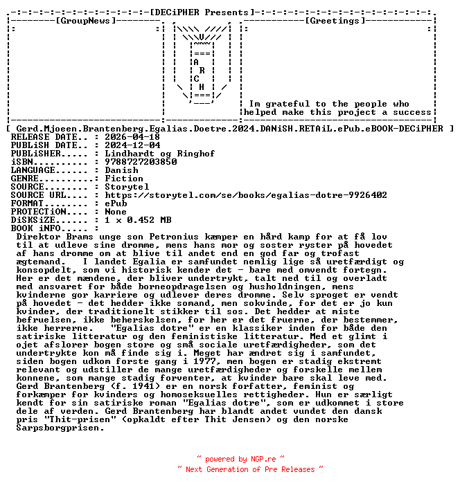 NFO for the release Gerd.Mjoeen.Brantenberg.Egalias.Doetre.2024.DANiSH.RETAiL.ePub.eBOOK-DECiPHER by DECiPHER