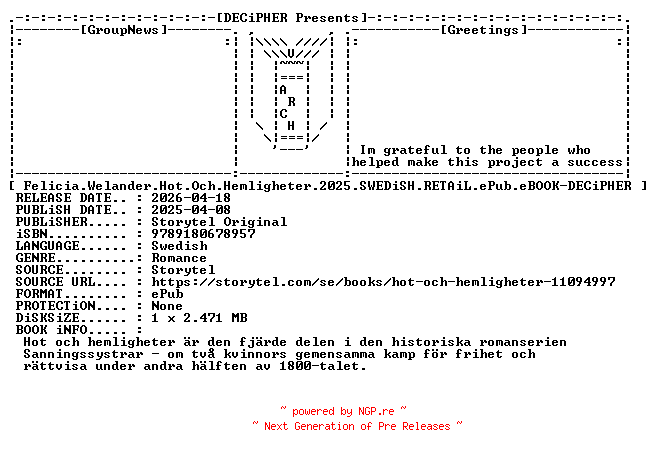 NFO for the release Felicia.Welander.Hot.Och.Hemligheter.2025.SWEDiSH.RETAiL.ePub.eBOOK-DECiPHER by DECiPHER