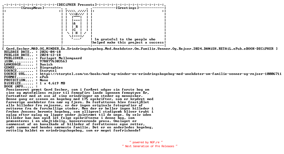 NFO for the release Gerd.Secher.Mad.Og.Minder.En.Erindringskogebog.Med.Anekdoter.Om.Familie.Venner.Og.Rejser.2024.DANiSH.RETAiL.ePub.eBOOK-DECiPHER by DECiPHER