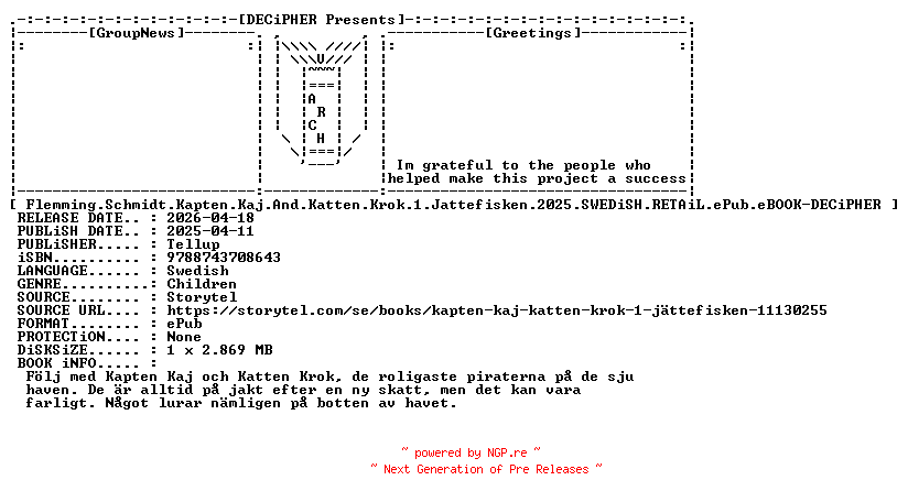 NFO for the release Flemming.Schmidt.Kapten.Kaj.And.Katten.Krok.1.Jattefisken.2025.SWEDiSH.RETAiL.ePub.eBOOK-DECiPHER by DECiPHER