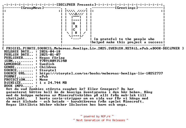 NFO for the release Frigiel.Pirate.Sourcil.Mobernas.Hemliga.Liv.2025.SWEDiSH.RETAiL.ePub.eBOOK-DECiPHER by DECiPHER