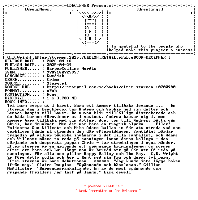 NFO for the release G.D.Wright.Efter.Stormen.2025.SWEDiSH.RETAiL.ePub.eBOOK-DECiPHER by DECiPHER
