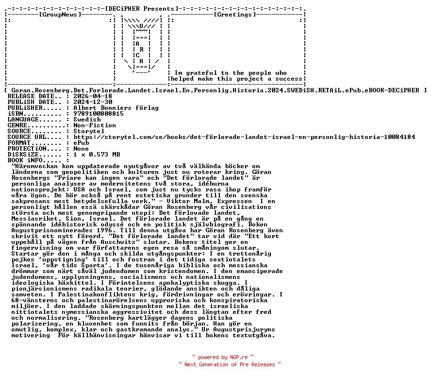 NFO for the release Goran.Rosenberg.Det.Forlorade.Landet.Israel.En.Personlig.Historia.2024.SWEDiSH.RETAiL.ePub.eBOOK-DECiPHER by DECiPHER