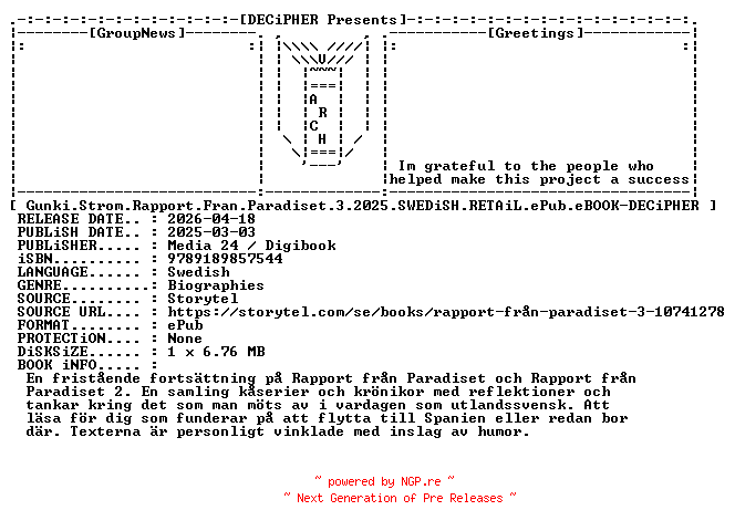 NFO for the release Gunki.Strom.Rapport.Fran.Paradiset.3.2025.SWEDiSH.RETAiL.ePub.eBOOK-DECiPHER by DECiPHER