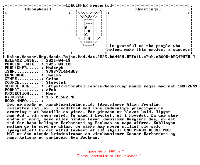NFO for the release Hakan.Nesser.Ung.Mands.Rejse.Mod.Nat.2025.DANiSH.RETAiL.ePub.eBOOK-DECiPHER by DECiPHER
