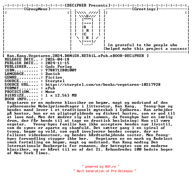 NFO for the release Han.Kang.Vegetaren.2024.DANiSH.RETAiL.ePub.eBOOK-DECiPHER by DECiPHER