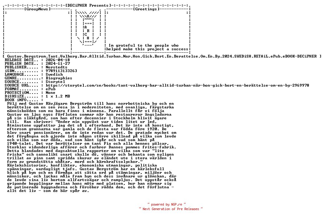 NFO for the release Gustav.Bergstrom.Tant.Valborg.Bar.Alltid.Turban.Nar.Hon.Gick.Bort.En.Berattelse.Om.En.By.2024.SWEDiSH.RETAiL.ePub.eBOOK-DECiPHER by DECiPHER