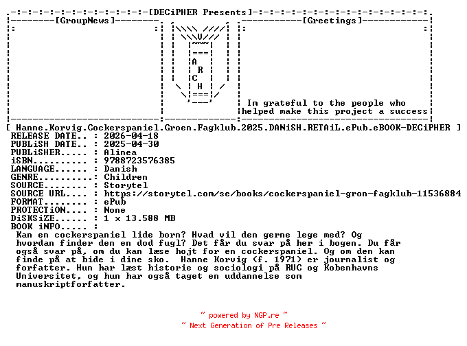 NFO for the release Hanne.Korvig.Cockerspaniel.Groen.Fagklub.2025.DANiSH.RETAiL.ePub.eBOOK-DECiPHER by DECiPHER