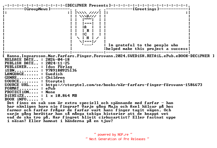 NFO for the release Hanna.Ingvarsson.Nar.Farfars.Finger.Forsvann.2024.SWEDiSH.RETAiL.ePub.eBOOK-DECiPHER by DECiPHER