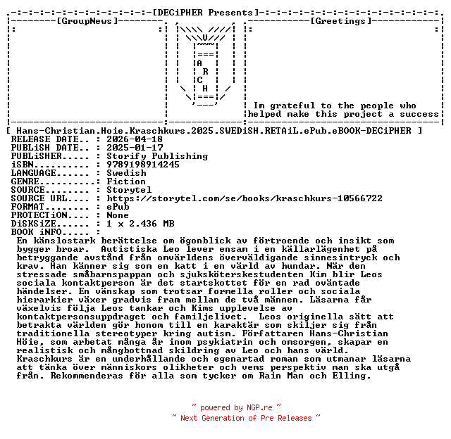 NFO for the release Hans.Christian.Hoie.Kraschkurs.2025.SWEDiSH.RETAiL.ePub.eBOOK-DECiPHER by DECiPHER