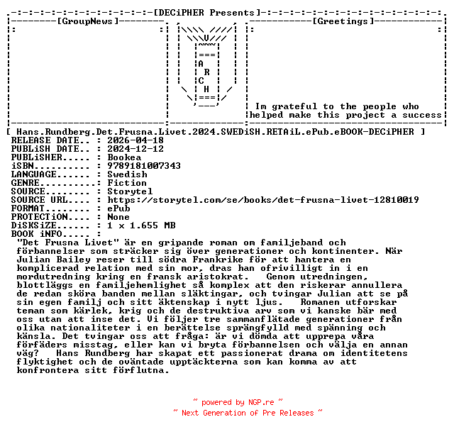NFO for the release Hans.Rundberg.Det.Frusna.Livet.2024.SWEDiSH.RETAiL.ePub.eBOOK-DECiPHER by DECiPHER