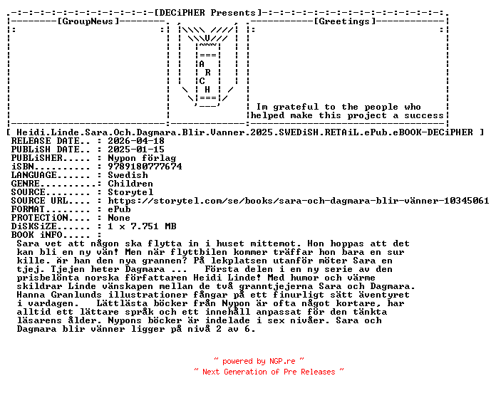 NFO for the release Heidi.Linde.Sara.Och.Dagmara.Blir.Vanner.2025.SWEDiSH.RETAiL.ePub.eBOOK-DECiPHER by DECiPHER