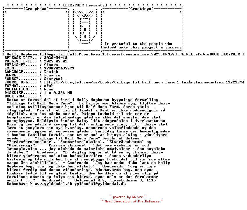 NFO for the release Holly.Hepburn.Tilbage.Til.Half.Moon.Farm.1.Forarsfornemmelser.2025.DANiSH.RETAiL.ePub.eBOOK-DECiPHER by DECiPHER