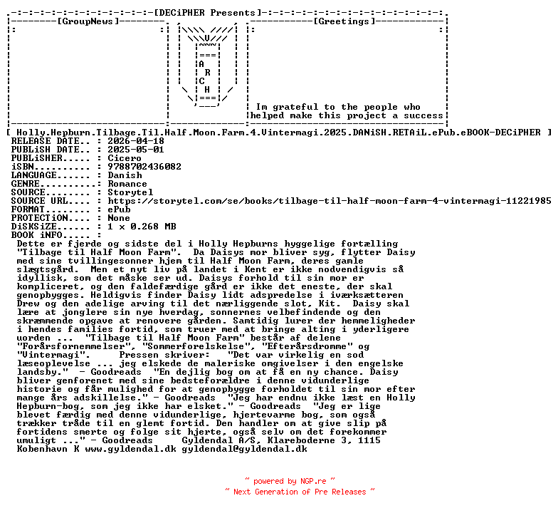 NFO for the release Holly.Hepburn.Tilbage.Til.Half.Moon.Farm.4.Vintermagi.2025.DANiSH.RETAiL.ePub.eBOOK-DECiPHER by DECiPHER