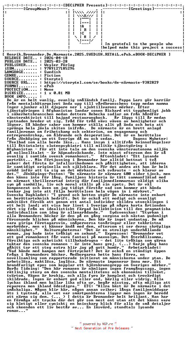 NFO for the release Henrik.Bromander.De.Narmaste.2025.SWEDiSH.RETAiL.ePub.eBOOK-DECiPHER by DECiPHER