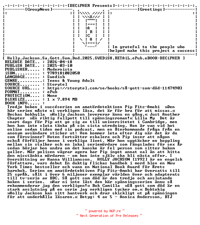 NFO for the release Holly.Jackson.Sa.Gott.Som.Dod.2025.SWEDiSH.RETAiL.ePub.eBOOK-DECiPHER by DECiPHER