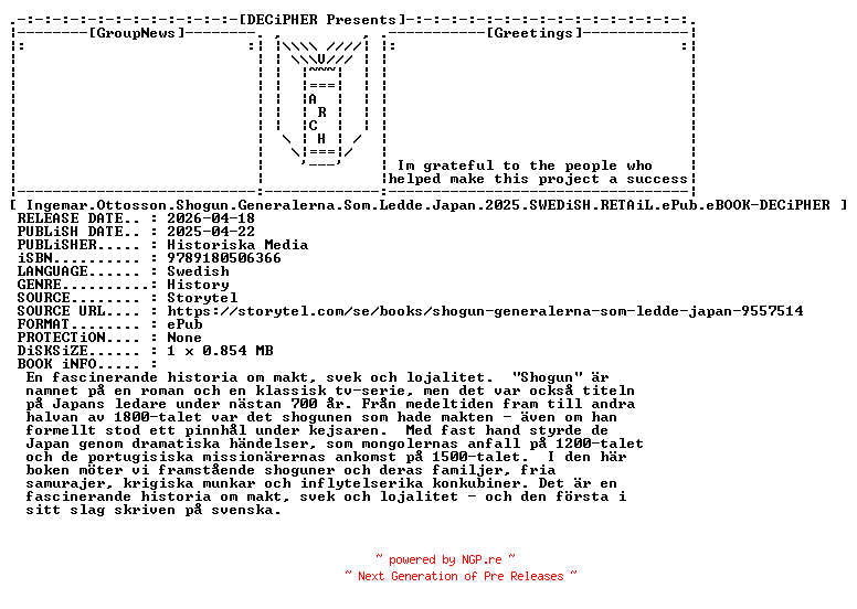 NFO for the release Ingemar.Ottosson.Shogun.Generalerna.Som.Ledde.Japan.2025.SWEDiSH.RETAiL.ePub.eBOOK-DECiPHER by DECiPHER