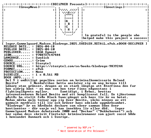 NFO for the release Inger.Gammelgaard.Madsen.Blodregn.2025.SWEDiSH.RETAiL.ePub.eBOOK-DECiPHER by DECiPHER