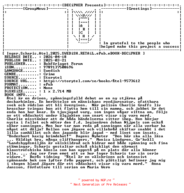 NFO for the release Inger.Scharis.Atel.2025.SWEDiSH.RETAiL.ePub.eBOOK-DECiPHER by DECiPHER