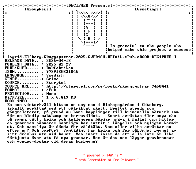 NFO for the release Ingrid.Elfberg.Skuggsystrar.2025.SWEDiSH.RETAiL.ePub.eBOOK-DECiPHER by DECiPHER