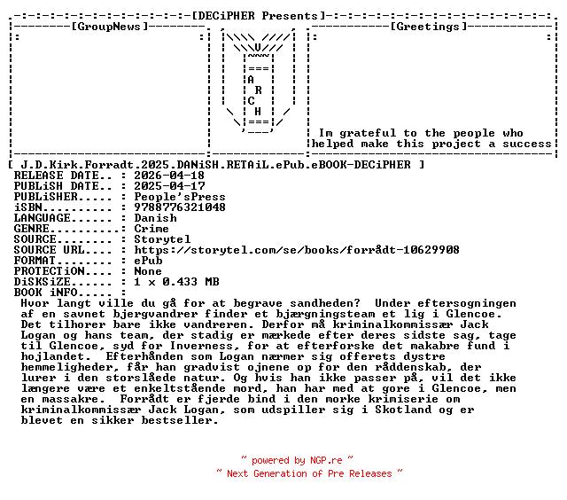 NFO for the release J.D.Kirk.Forradt.2025.DANiSH.RETAiL.ePub.eBOOK-DECiPHER by DECiPHER