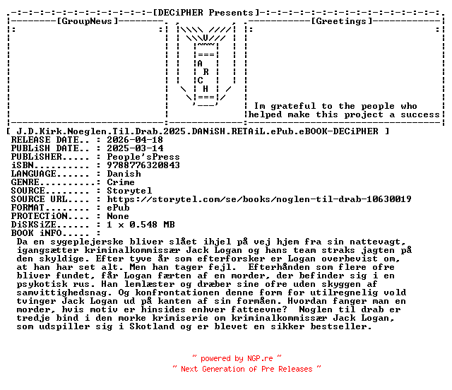 NFO for the release J.D.Kirk.Noeglen.Til.Drab.2025.DANiSH.RETAiL.ePub.eBOOK-DECiPHER by DECiPHER