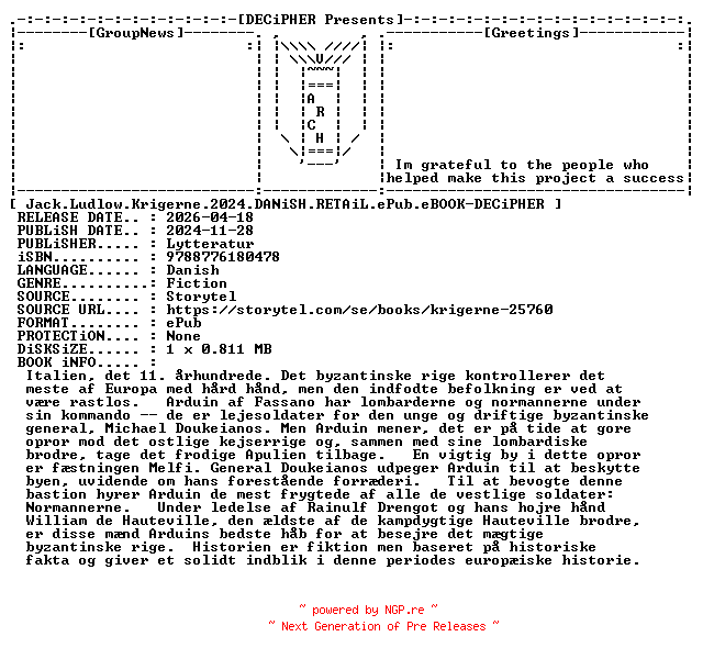 NFO for the release Jack.Ludlow.Krigerne.2024.DANiSH.RETAiL.ePub.eBOOK-DECiPHER by DECiPHER