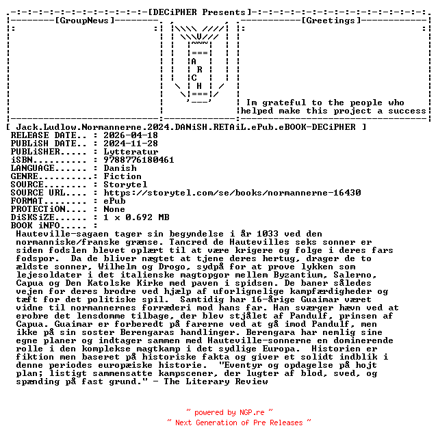 NFO for the release Jack.Ludlow.Normannerne.2024.DANiSH.RETAiL.ePub.eBOOK-DECiPHER by DECiPHER