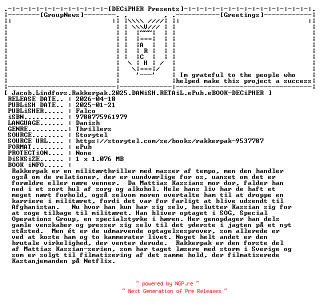 NFO for the release Jacob.Lindfors.Rakkerpak.2025.DANiSH.RETAiL.ePub.eBOOK-DECiPHER by DECiPHER