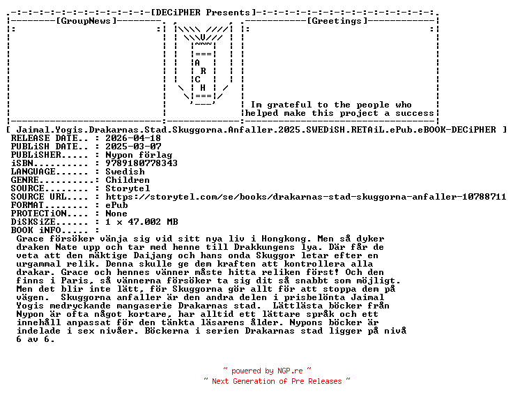 NFO for the release Jaimal.Yogis.Drakarnas.Stad.Skuggorna.Anfaller.2025.SWEDiSH.RETAiL.ePub.eBOOK-DECiPHER by DECiPHER