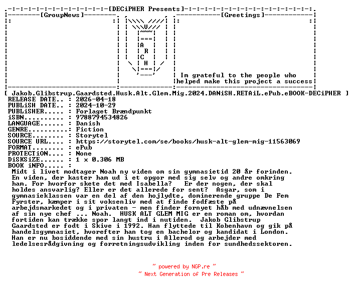 NFO for the release Jakob.Glibstrup.Gaardsted.Husk.Alt.Glem.Mig.2024.DANiSH.RETAiL.ePub.eBOOK-DECiPHER by DECiPHER