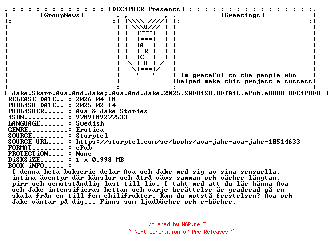NFO for the release Jake.Skarr.Ava.And.Jake..Ava.And.Jake.2025.SWEDiSH.RETAiL.ePub.eBOOK-DECiPHER by DECiPHER