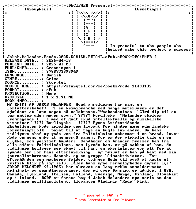NFO for the release Jakob.Melander.Roede.2025.DANiSH.RETAiL.ePub.eBOOK-DECiPHER by DECiPHER