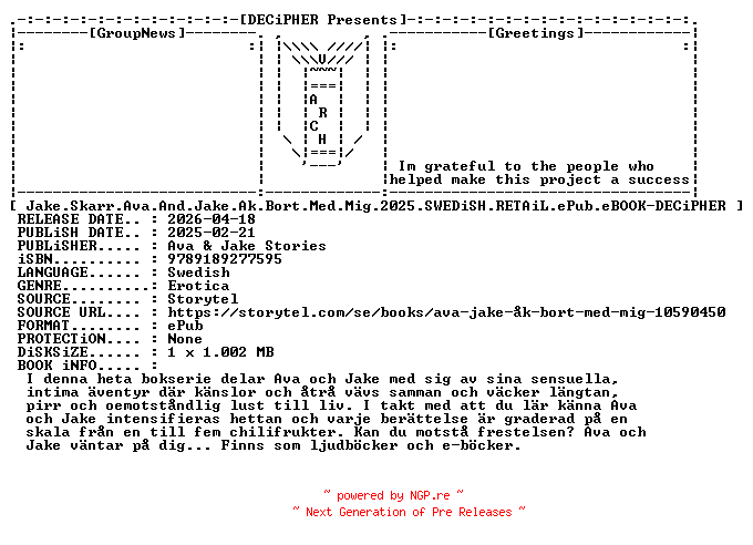 NFO for the release Jake.Skarr.Ava.And.Jake.Ak.Bort.Med.Mig.2025.SWEDiSH.RETAiL.ePub.eBOOK-DECiPHER by DECiPHER