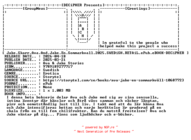 NFO for the release Jake.Skarr.Ava.And.Jake.En.Sommarkvall.2025.SWEDiSH.RETAiL.ePub.eBOOK-DECiPHER by DECiPHER
