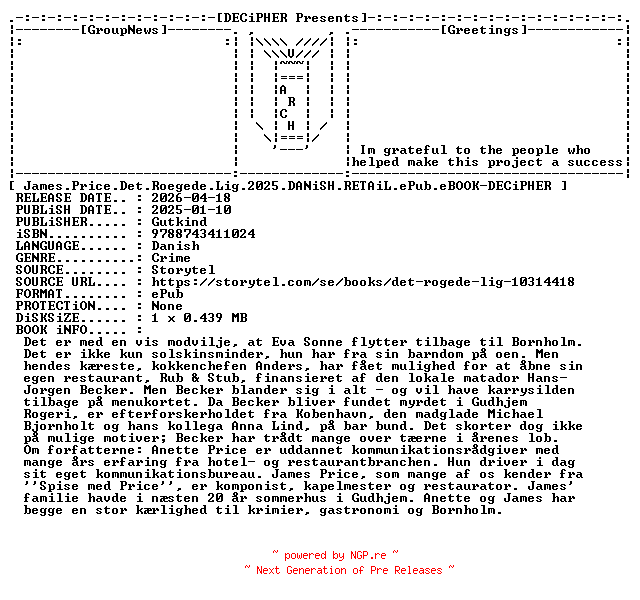 NFO for the release James.Price.Det.Roegede.Lig.2025.DANiSH.RETAiL.ePub.eBOOK-DECiPHER by DECiPHER